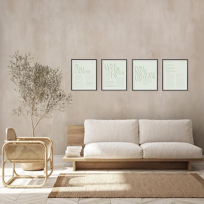 Locomiss Sage Green Christian Wall Art Decor, Modern Bible Verse Prints, Minimalist Jesus Scripture Wall Decor, Inspirational Bible Posters for Bedroom Office Living Room, Set of 4 (8x10 Unframed)