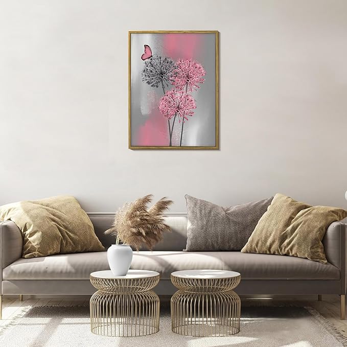 LB Pink Dandelion Framed Wall Art with Butterfly - Modern Pink Grey Canvas Wall Art for Home Contemporary Aesthetic Wall Decor for Home, Ready to Hang 17x12 Inch, Living Room Bedroom Bathroom Decor