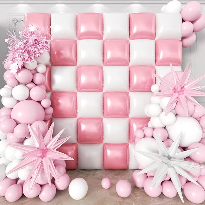 36pcs Pink and White Square Foil Balloons Wall Backdrop with 147pcs Balloon Garland Arch Kit, Double Sided Balloons for Birthday Anniversary Wedding Bridal Shower Baby Shower Party Decorations
