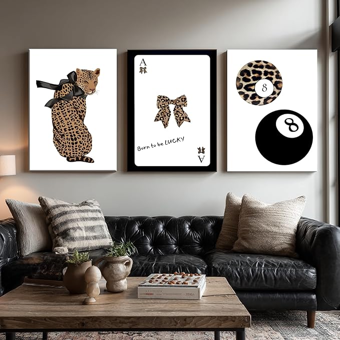 Set of 3 Trendy 8 Ball Leopard Canvas Wall Art Ace Card Bow Wall Decor Pictures Funky Born To Be Lucky Posters Prints Preppy Aesthetic Cheetah Room Decor for Girls Bedroom Apartment Dorm 12x16in