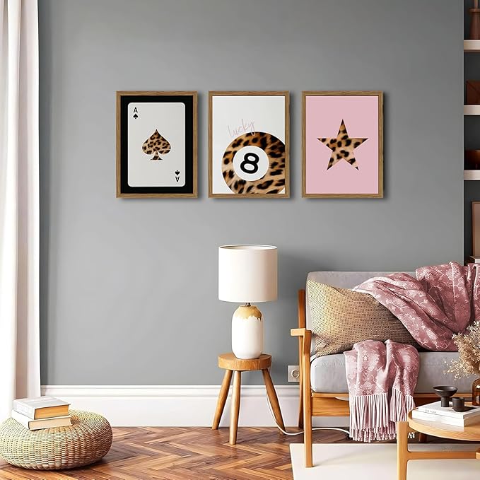 Pink and Black Leopard Wall Art, Lucky Girl 8 Ball Wall Decor Set of 3 Cheetah Lucky Star Poster Canvas Prints, Coquette Modern Teen Pictures for Bedroom Living Room 12x16 inch Framed