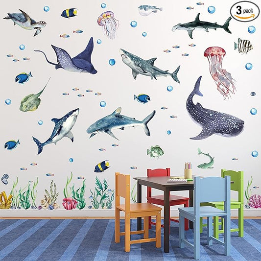 3 Pieces Large Watercolor Sharks Wall Decals Ocean Animal Peel and Stick Wall Sticker Under The Sea Marine Life Theme Decals Nursery Room Home Decor Party Supply, 11.2 x 34.6 Inches