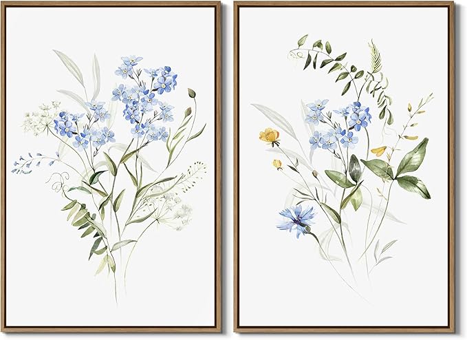 Watercolor Floral Wall Art Blue Yellow Flower Canvas Art Pints Nature Botanical Plants Painting Minimalist Wall Decor Stretched and Framed for Bedroom Bathroom Home Office Decoration - 16"x24"x2Pcs