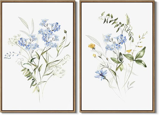 Watercolor Floral Wall Art Blue Yellow Flower Canvas Art Pints Nature Botanical Plants Painting Minimalist Wall Decor Stretched and Framed for Bedroom Bathroom Home Office Decoration - 16"x24"x2Pcs