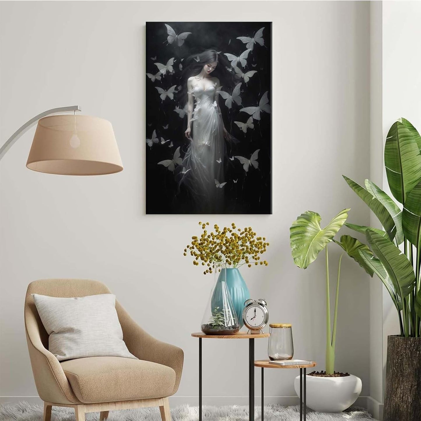 Vintage Gothic Feminine Canvas Wall Art Print Butterfly Poster Moody Female Wall Art Retro Artwork Dark College Decor for Home Bedroom12x16in Wood Framed