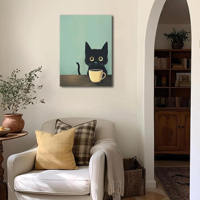 Yaneiro Framed Fun Black Cat Wall Art Abstract Drinking Coffee Picture Cute Retro Black Cat Wall Decor Canvas Poster Print Suitable for Cafe Bar Living Room Restaurant Bedroom 16x24 Inch