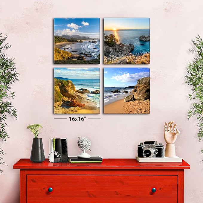 Beach Scene Canvas Wall Art Oregon Coast Landscape Pictures for Living Room Ocean Sunrise Wall Decor Nautical Seascape Paintings Framed Artworks Family Bathroom Bedroom Home Decorations 16x16” 4 Pcs