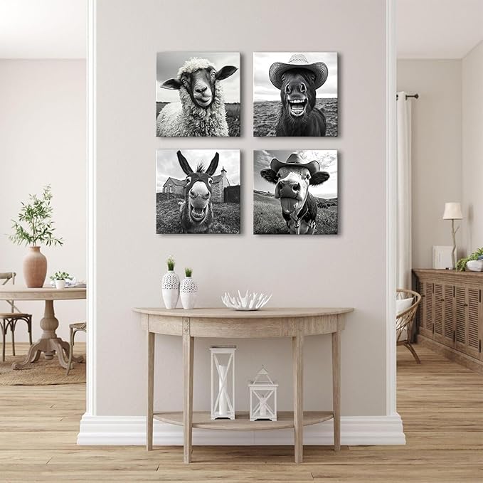 Farmhouse Animal Wall Art Funny Cow Wall Decor Black and White Prints Horse Pictures Cowboy Posters Canvas Prints Humor Animals Paintings Country Artwork for Kitchen Living Room Home Decoration 16x16”