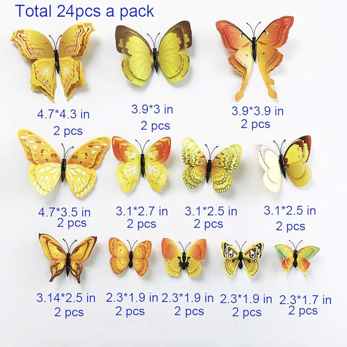 24pcs 3D Colorful Butterfly Wall Stickers DIY Art Decor Crafts for Party Nursery Classroom Offices Kids Girl Boy Baby Bedroom Bathroom Living Room Magnets and Glue Sticker Set (Yellow-Double Wing)