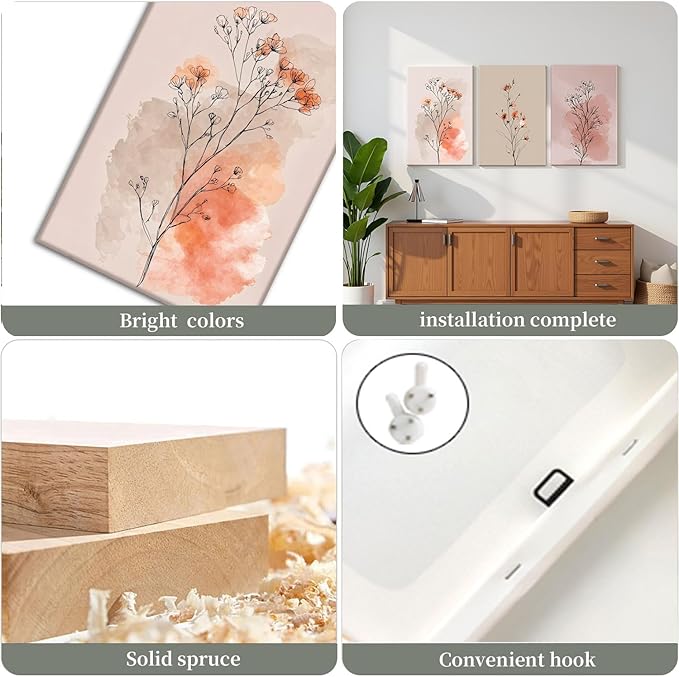 okudolit Boho Vintage Flower Wall Art Set of 3 Minimalist Floral Botanical Prints Rustic Wildflower Wall Decor Beige and Pink Neutral Plant Painting for Living Room Bedroom Office-16x24in