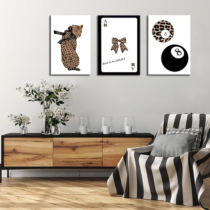 Set of 3 Trendy 8 Ball Leopard Canvas Wall Art Ace Card Bow Wall Decor Pictures Funky Born To Be Lucky Posters Prints Preppy Aesthetic Cheetah Room Decor for Girls Bedroom Apartment Dorm 12x16in