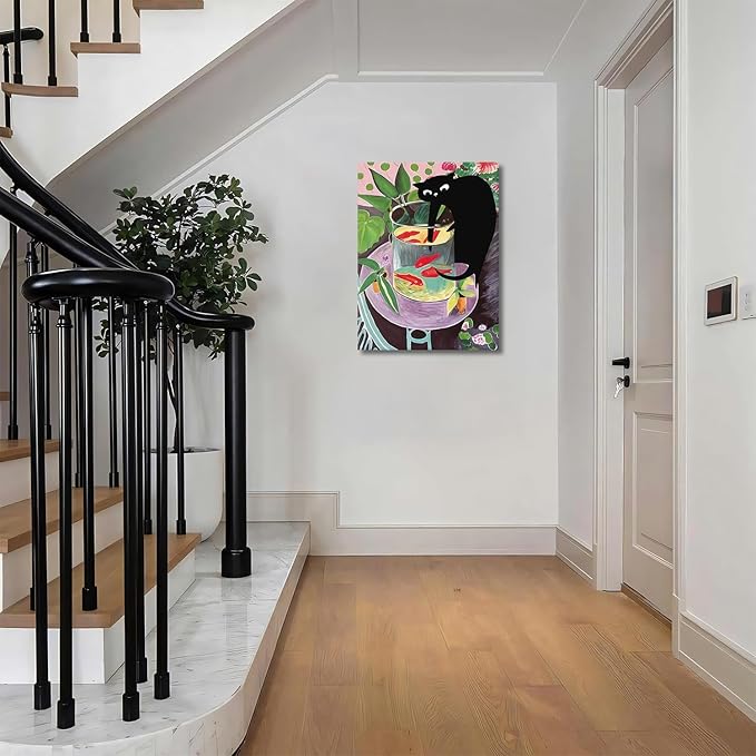 Funny Black Cat Canvas Wall Art, Abstract Kitten Catching Fish Wall Decor, Animal lovers Posters Print Painting for Room Aesthetic Living Room Bathroom Decor 12x16 in Framed