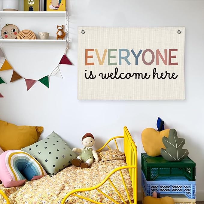 Welcome Sign for Classroom, Boho Classroom Must Haves Decorations for Teachers, Neutral Cute Everyone is Welcome Here Linen Canvas Banner