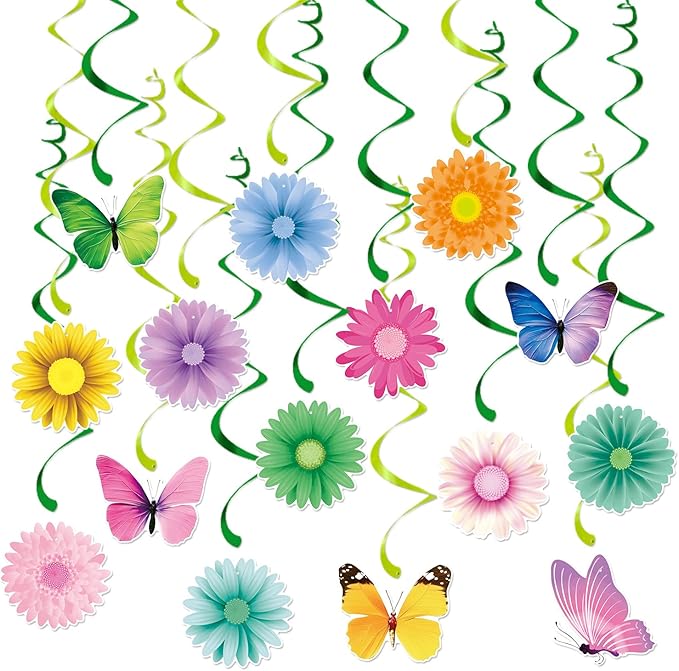 Pastel Rainbow Easter Party-Decorations Supplies - 15pcs Spring Flowers Butterflies Ceiling Hanging Swirl Banner,Home Office Streamers Garland,Outdoor Indoor Birthday Wall Backdrop Decor Burgleda