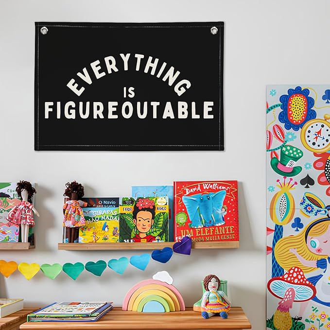 Everything is Figureoutable Inspirational Wall Decor, Motivational Classroom Wall Decor, Classroom Linen Canvas Banner Hanging Flag, 20x30 Inch - Black