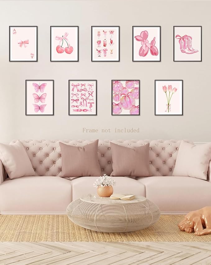 Ucninvd Pink Bow Wall Art Posters Set of 9 Trendy Coquette Preppy Wall Decor Paintings Disco Ball Girly Room Decor Aesthetic Canvas Pictures Prints for Bathroom Living Room Dorm 8x10Inch Unframed