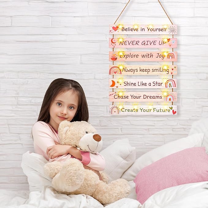 FIOBEE Girls Room Décor for Teen Girls Boys with LED Light Wall Decor for Bedroom Motivational Inspirational Wall Art Room Decoration for Kids Studyroom, 8 Kinds of Lights, Pink Boho