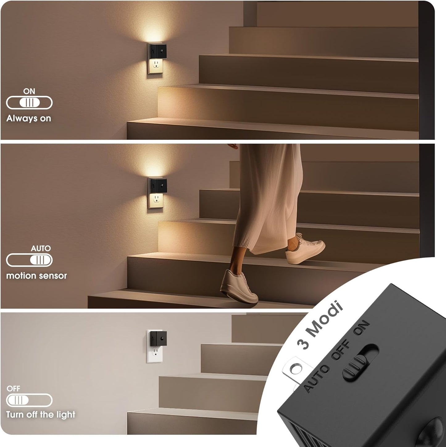 JandCase Motion Sensor Night Light, Night Lights Plug into Wall with Adjustable Brightness, Motion Activated Night Light, 3000K Warm White, for Kids Bathroom Hallway Kitchen Bedroom