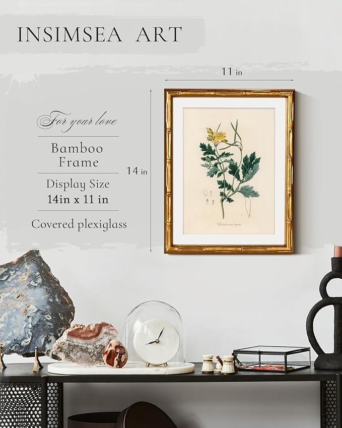 InSimSea Gold Bamboo Framed Canvas Wall Art, Kitchen Herbs Botanical Paintings, Antique Vintage Plant Picture Frame with Mat, Victorian Home Wall Decor for Living Room Bedroom, 11x14inch