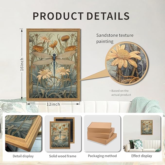 Framed Vintage 3D Textured Wall Art Green Dragonfly Flowers Wall Decor Hand Drawn Sandstone Nature Botanical Pictures for Living Room Bedroom 12x16 inch