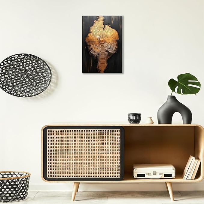 IBHJSART Framed Tree Ring Canvas Wall Art Black And Gold Wall Art Painting Prints Modern Minimalist Pictures Neutral Nature Rustic Farmhouse Decor Living Room Bedroom Bathroom Office