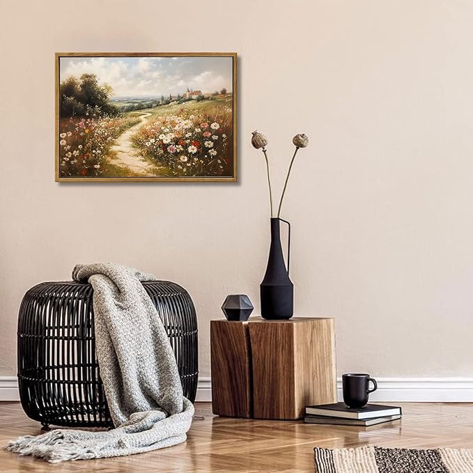 Framed Vintage Wildflower Landscape Canvas Wall Art Rustic Nature Flower painting Decor Pictures Farmhouse Nature Floral Posters Prints for Corridor Living Classroom Bedroom Decoration