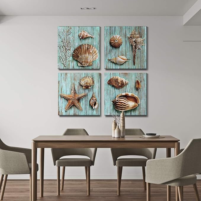 Teal Shells Wall Art Home Decor for Bathroom Shell Conch Framed Canvas Prints Cyan Sea Ocean Blue Plank Marine Life Coral Starfish Paintings Pictures Living Room Homes Decoration Set 4 Piece 24x24