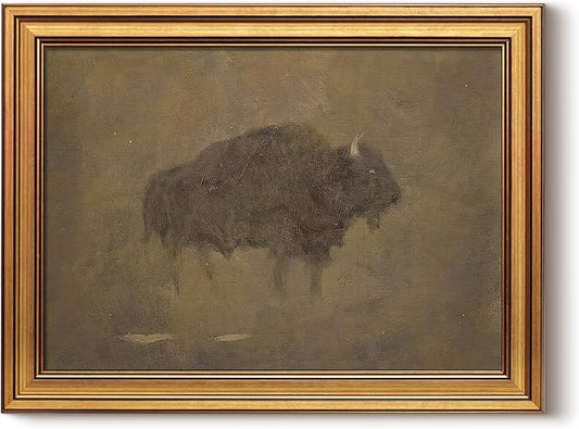 HUARCEY Gold Framed Canvas Wall Art, Retro Bison Picture Decor, Bedroom Bathroom Kitchen Farmhouse Decor, Moody Rustic Vintage Canvas Paintings, 12x16inch
