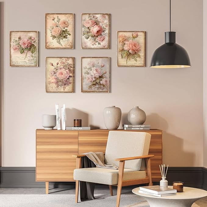 Vercraft 6 Pcs Vintage Flowers Canvas Wall Pink Rose Grandmillennial Home Wall Decor Retro Floral Pictures Farmhouses Wedding Decor for Home Office Bedroom Plant Printing Painting, 8 x 10 Inch