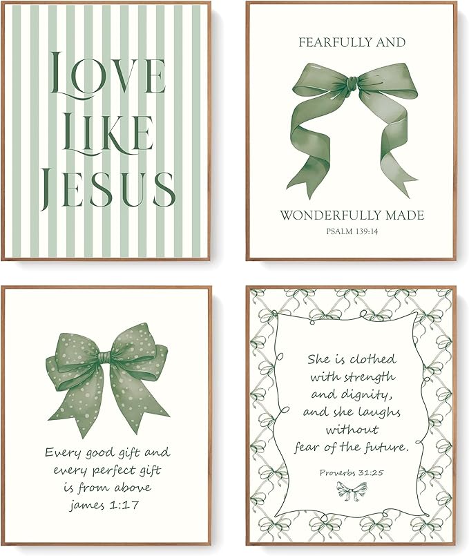 LARTSFRO Coquette Green Bow Jesus Wall Art Decor Posters, Olive Green Bow Christian Room Bedroom Bathroom Dorm Wall Art Decor Aesthetic for College Teen Girls Gifts, Inspirational Bible Verses Bow Wall Decor, 10x8 Inch Set of 4 Bow Pictures(UNFRAMED)