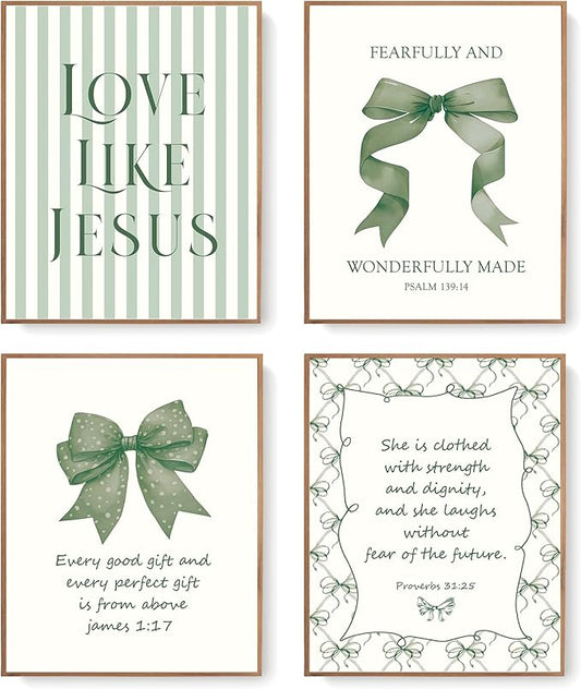 LARTSFRO Coquette Green Bow Jesus Wall Art Decor Posters, Olive Green Bow Christian Room Bedroom Bathroom Dorm Wall Art Decor Aesthetic for College Teen Girls Gifts, Inspirational Bible Verses Bow Wall Decor, 10x8 Inch Set of 4 Bow Pictures(UNFRAMED)