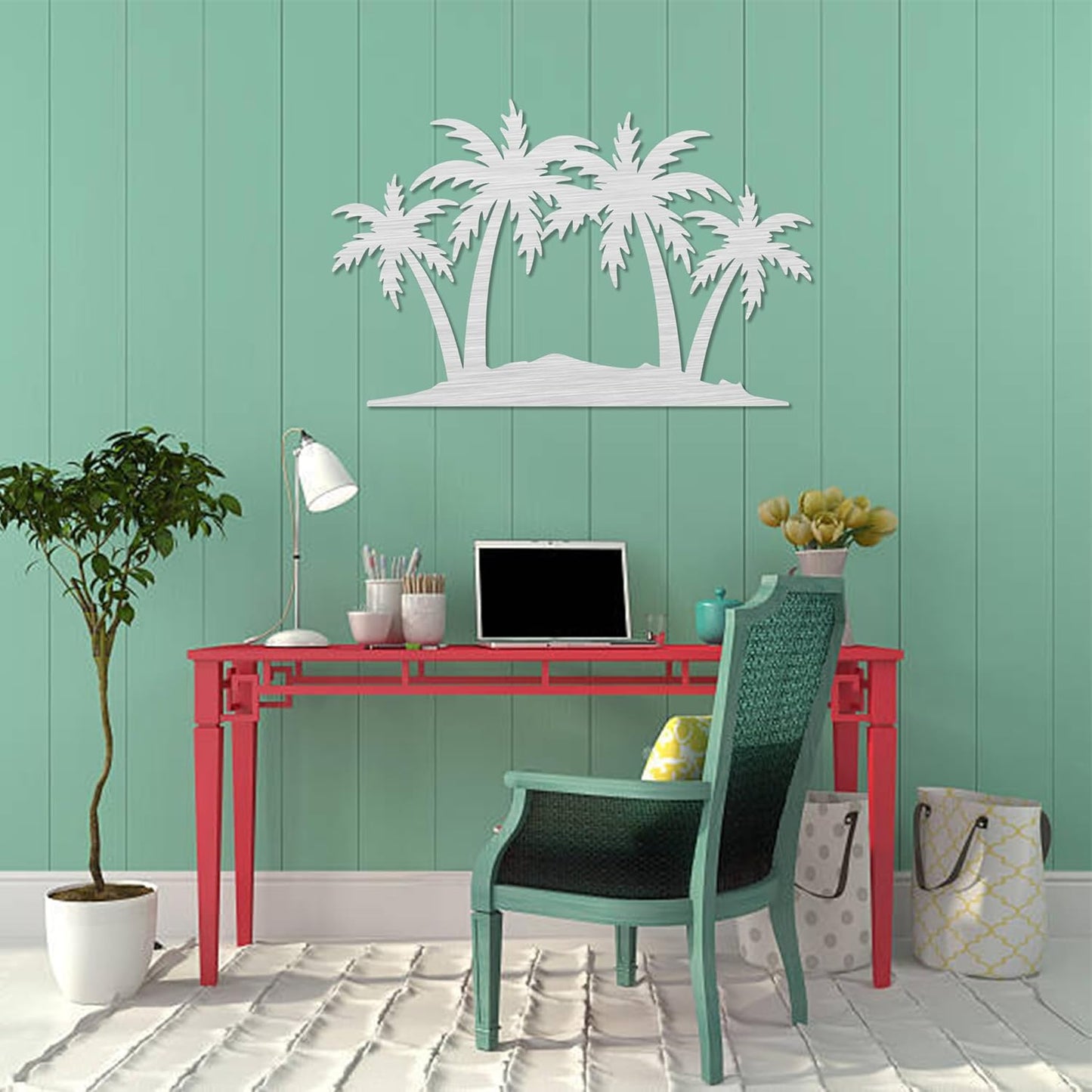 METALPLEX Palm Tree Metal Wall Art - Durable And Rust-free Indoor & Outdoor Aluminum Composite Wall Decor - Home Decor For Living Room And Bedroom - Silver (23"x14.7")