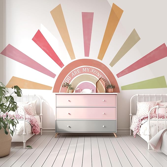 Large Rainbow Sun Wall Decals, Inspirational Peel and Stick Fabric Nursery Wall Decor, Removable Home Room Wall Decor Murals Stickers for Kids Girls Toddler Bedroom Living Room Playroom
