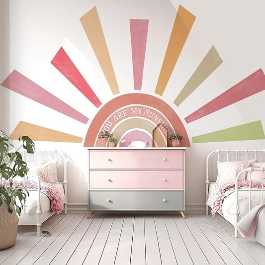 Large Rainbow Sun Wall Decals, Inspirational Peel and Stick Fabric Nursery Wall Decor, Removable Home Room Wall Decor Murals Stickers for Kids Girls Toddler Bedroom Living Room Playroom
