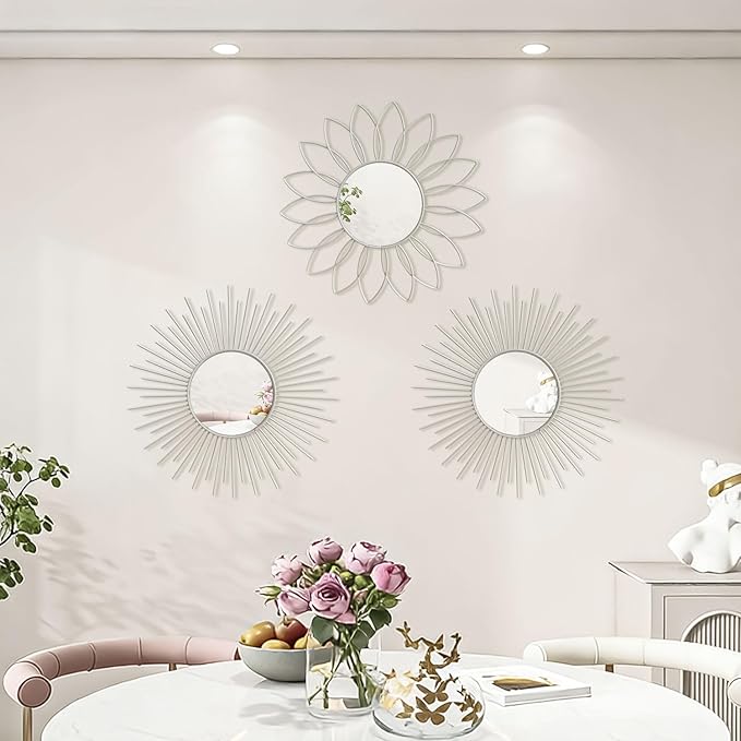 3 Pack Metal Mirrors for Wall Sunburst Wall Mirrors Home Décor Decorative Hanging Wall Art for Living Room Bedroom Entryway (White, Flower+Sunburst)