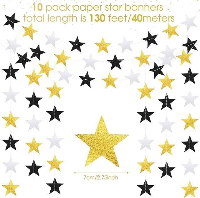 Patelai Glitter Star Garland Banner 2026 Graduation Decor 130 Feet Star Hanging Banner Twinkle Backdrop for Party Birthday Classroom Wedding Supplies(Silver Gold Black)