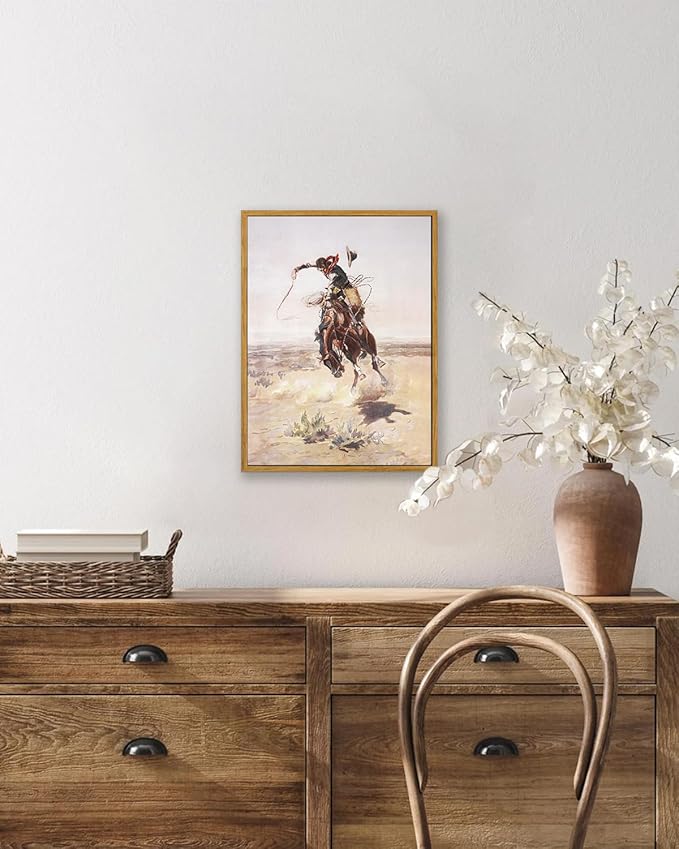 KBKBART Vintage Southwest Framed Canvas Wall Art, Western Art Prints Wall Decor, Western Cowboy Pictures Southwestern Artwork Prints Farmhouse Wall Decor for Western Bedroom Bathroom Decor (12"x16")