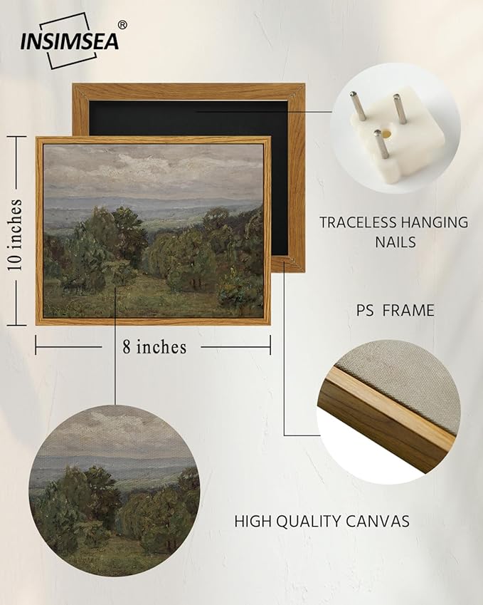InSimSea Framed Canvas Wall Art, Vintage Landscape Art for Living Room Hallway Shelf, 10x8in, Impressionist Mountain Painting, Rustic Farmhouse Cozy Mid Century Small Nature Decor