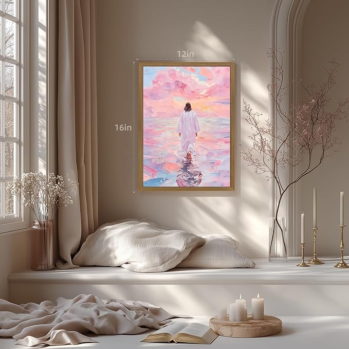 Clicyre Jesus Walking on Water Christian Wall Art, Pink Sunset Faith Canvas Print, Inspirational Religious Wall Decor for Bedroom Living Room Prayer Room Hallway Wood Framed 12x16 Inch