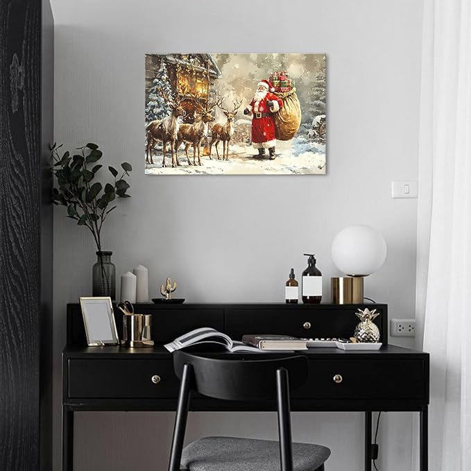 Farmhouse Christmas Wall Art for Living Room Santa Claus Wall Decor Vintage Reindeers Canvas Prints Christmas Deer Pictures Winter Landscape Painting Artwork Kitchen Office Home Decorations 16x24"