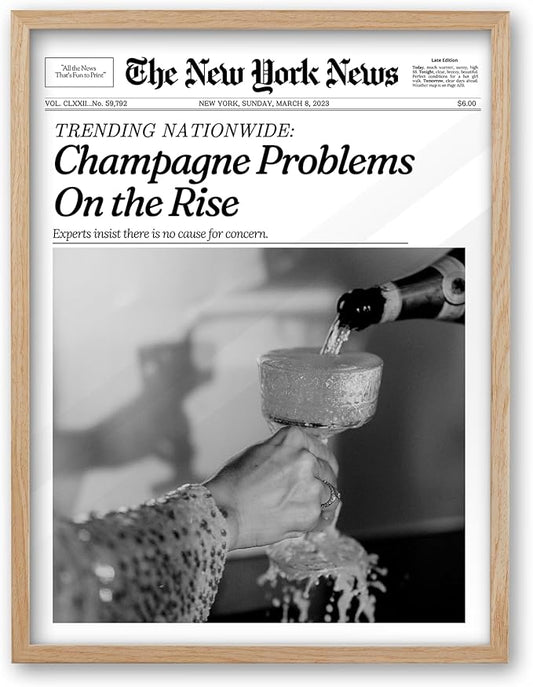 iHery Champagne Problems On the Rise Newspaper Headline Framed Wall Art, Natural OAK Wood Trendy 12x16 in Canvas Wall Art Décor For Bedroom Living Room Bathroom Set of 1