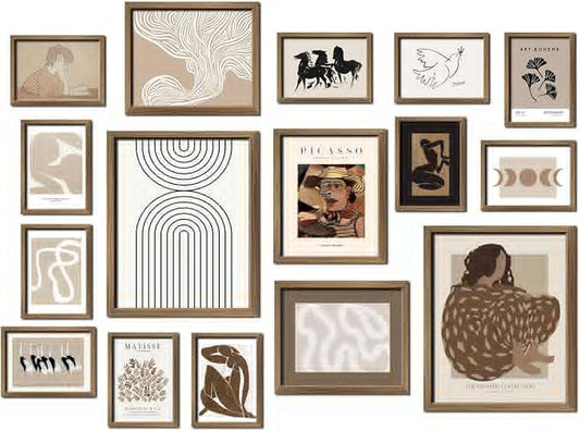 ANERZA 16 PCS Boho Eclectic Wall Art Decor, Abstract Gallery Wall Collage Kit Prints for Bedroom Bathroom, Minimalist Posters for Living Room Aesthetic, Beige and Brown Dorm Home Decor
