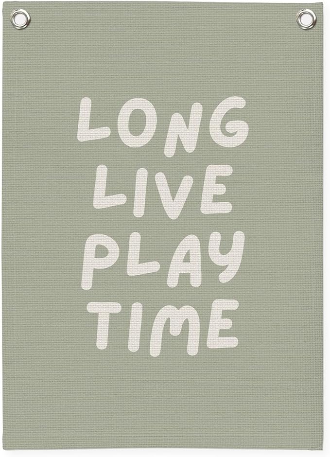Playroom Decor,Long Live Playtime Wall Hanging Linen Banner,Sage Green Striped Wall Flag for Kids Room Nursery Playroom Decor,18x25 Inch