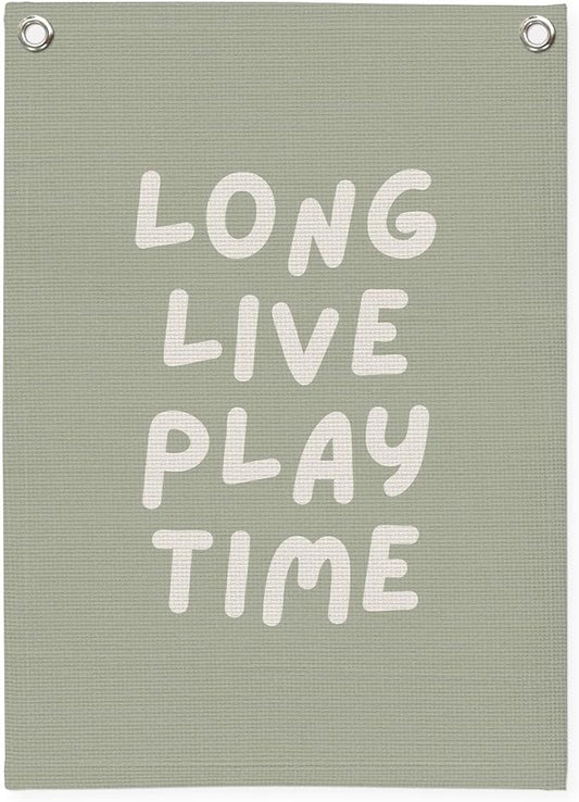 Playroom Decor,Long Live Playtime Wall Hanging Linen Banner,Sage Green Striped Wall Flag for Kids Room Nursery Playroom Decor,18x25 Inch