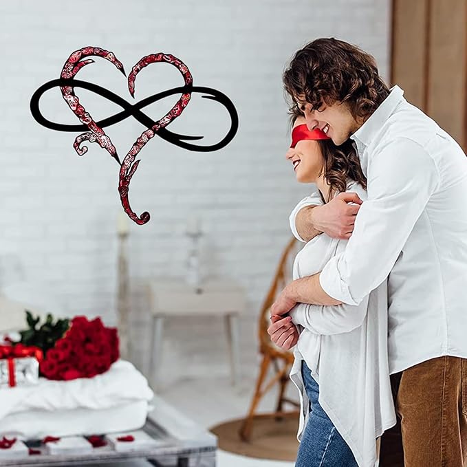 Infinity Heart Wall Decor, Unique Infinity Heart Metal Wall Art Decor Love Sign Steel Wall Plaques Bedroom Ornaments for Home Wedding Decor, Room Living Room Decoration (Red Black, 15.7x14inch)