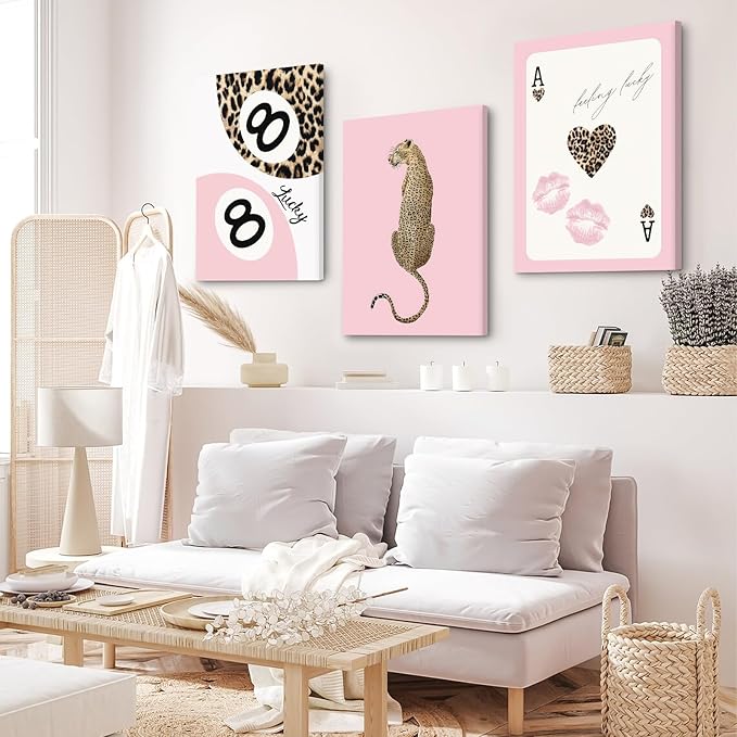 Cheetah Trendy Wall Art Preppy Leopard Canvas Print Cheetah Room Wall Decor 8 Ball Poster Y2k Pink Coquette Luxury Print Lucky Aesthetic Fashion Pictures for Bedroom 12x16x3 Inch Wrapped Canvas