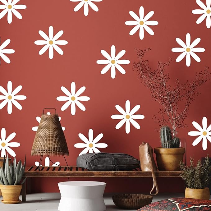 TaoBary 12 Sheet Daisy Wall Sticker Decal Removable Cute Daisy Bedroom Room Decor Flower Wall Sticker Pink White Flower Decal Wallpaper Peel and Stick for Nursery Home(White, Yellow,Fresh Style)
