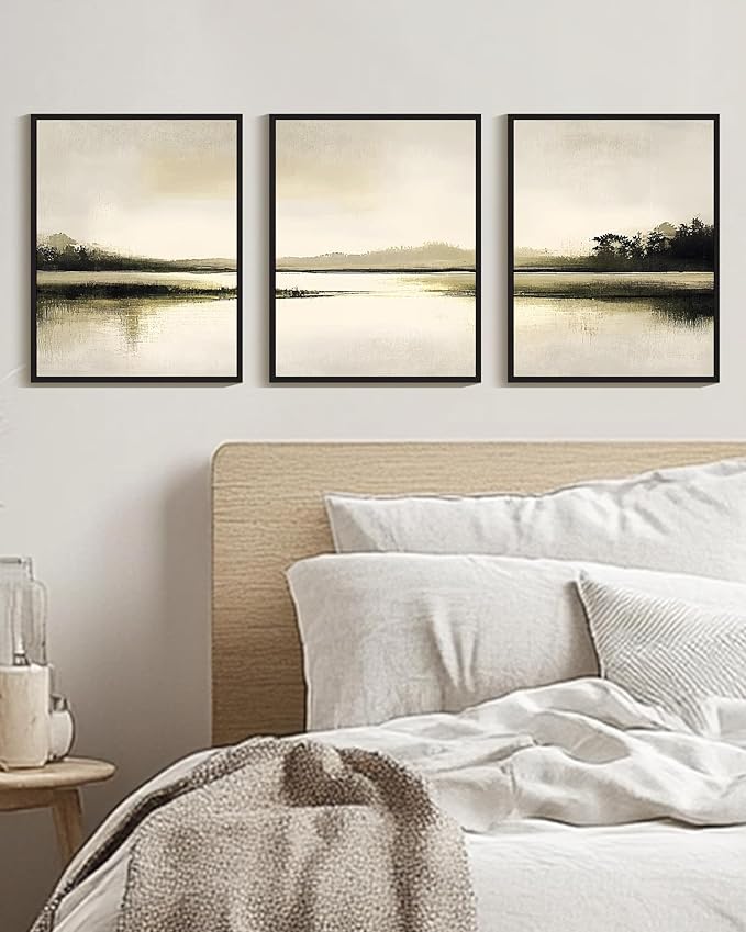 Drsoum Vintage Black Gray Abstract Laker Landscape Wall Art Framed Brown Tan Neutral Prints Minimalist Modern Rustic Artwork Bedroom Living Room Ready to Hang 11x14in Black Framed