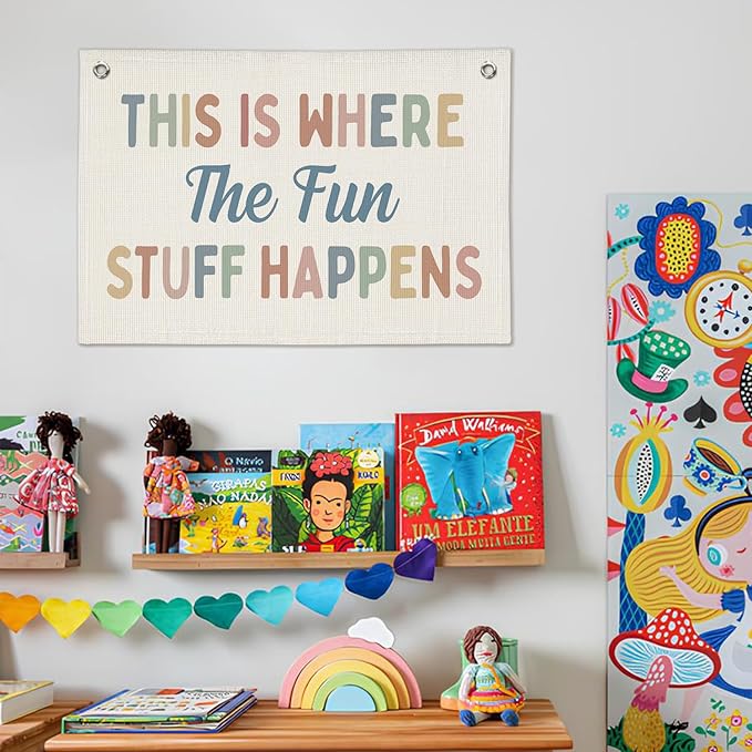 Playroom Decor, Kids Playtime Wall Decor, This is Where All The Fun Stuff Happens Banner Wall Hanging Flag Decor for Toddler Boys Girls Room Nursery 20x30