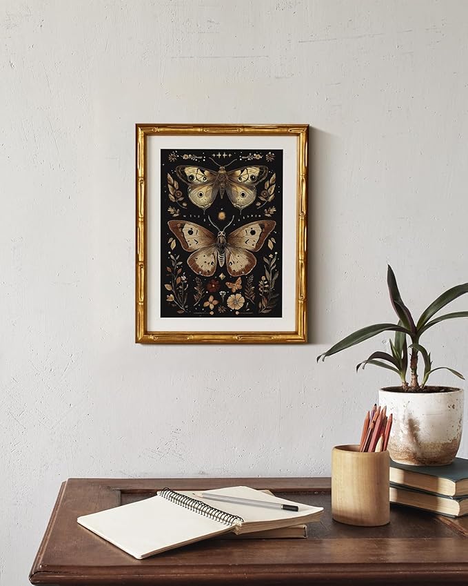 InSimSea Gold Bamboo Framed Canvas Wall Art, Retro Dark Butterfly Animal Paintings, Antique Vintage Picture Frame with Mat, Victorian Home Wall Decor for Living Room Bedroom Gallery, 11x14inch
